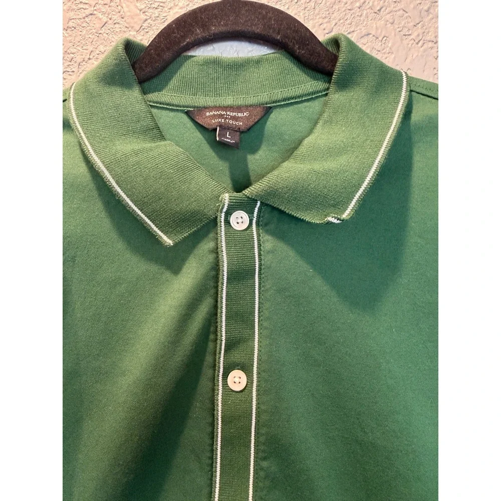 Banana Republic Luxe Touch Mens Large Green Full Button Down Polo‎ Shirt Piping